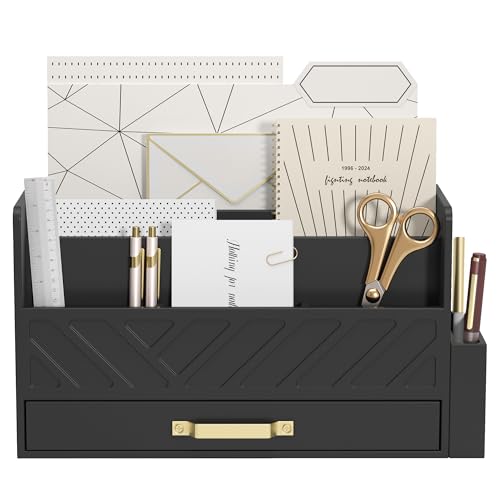 WISUCART Bamboo Desk Organizer Mail Holder Countertop Wood Desk Drawer Tabletop Storage Box Pen Holder Letter Sorter Makeup Organizer for School Home Office Supplies with Pen Holder Black - color: Black with Pen Holder