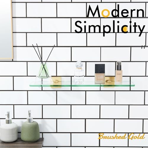 KOKOSIRI Wall Shelves 20-Inch Floating Tempered Glass Shelf for Bathroom Kitchen Hanging Rack Shower Storage, 2 Pack Gold Stainless Steel B1107BG-L20-P2 - color: Brushed Gold, size: 20-Inch(2 Pack)