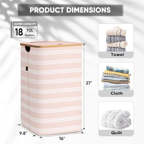 BALEINE Laundry Hamper with Lid, Tall Laundry Baskets with Bamboo Pull Handles, Large Laundry Bin with Internal Support (18 Gal/70L, Pink Pinstripe) - color: Pink Pinstripe, size: 70 liters