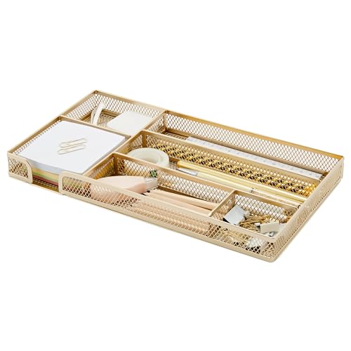 Annova Desk Drawer Organizer Tray for Office Organization - Metal Mesh - Storage Tray with Dividers for Pens, Desktop Accessories, Bathroom, Kitchen, Makeup and Office Supplies (Small, Gold) - color: Gold, size: Small