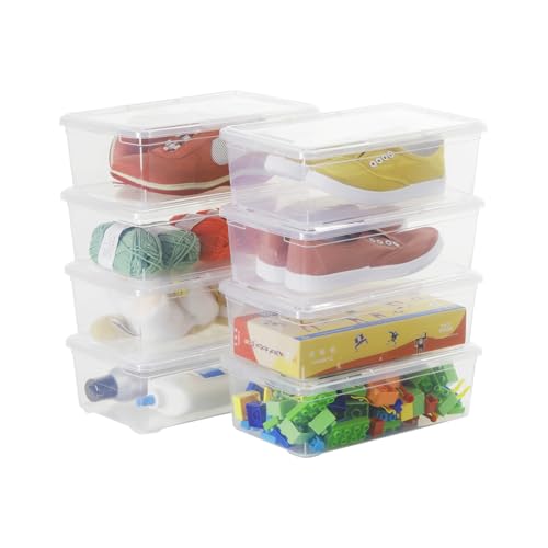 6 Quart Stackable Plastic Storage Shoebox, BPA-Free Nestable Container with Latching Lid to Organize Shoes, See-Through Box for Home and Office, Multi-Purpose Clear Bins (Transparent, 8 Pack)
