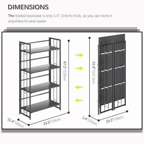 4NM No Assembly 4 Tiers Folding Bookshelf, 47.2" H Foldable Storage Shelves Vintage Bookcase Standing Racks Study Organizer Home Office - All Black - color: All Black, size: 4-Tier