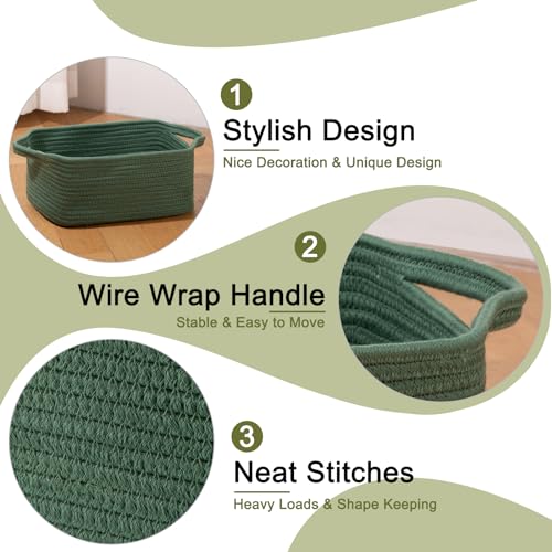 OIAHOMY Cotton Rope Woven Baskets for Storage, Nursery Rectangle Storage Basket with Handles for Shelves, Pack of 3, Green - color: Green