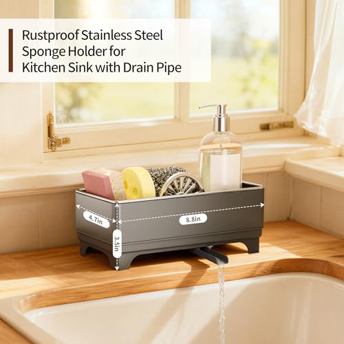 MOUKABAL Sponge Holder for Kitchen Sink – Rustproof Stainless Steel, 360° Rotating Drain Pipe, Large Counter Organizer with Drip Tray for Sponges, Brushes & Dish Cloths Grey - color: Grey 1
