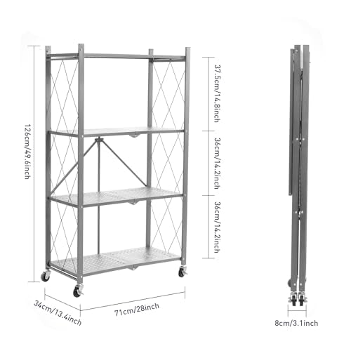 BRIAN & DANY 4-Tier Foldable Storage Shelves with Wheels, Folding Metal Rack Shelving Unit, Heavy Duty No Assembly Organizer Shelf for Garage, Kitchen, Basement, Pantry, Gray - color: Grey, size: 4-tier