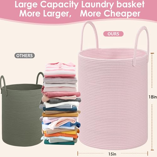 Cotton Rope Storage Basket with Handles, Large 60L Collapsible Laundry Hamper for Clothes, Sturdy Nursery Organizer Blanket Basket for Living Room,Toy Bin for Kids Bed Room,15"x15"x18",Pink - color: Pink, size: 60L