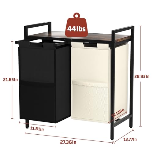 Huhote Double Compartment Laundry Basket, Laundry Sorter with Top Shelf, 2 Removable Washable Bags, Side Pockets, Black & White - color: 2 bags-White&Black