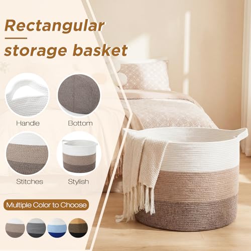 XXXXL 125L Extra Large Blanket Basket, 23.6" x 16.9" Jumbo Woven Cotton Rope Storage Basket with Handles, Laundry Hamper, Toy Storage for Living & Play Room(White, Beige & Natural Linen) - color: White, Beige & Natural Linen