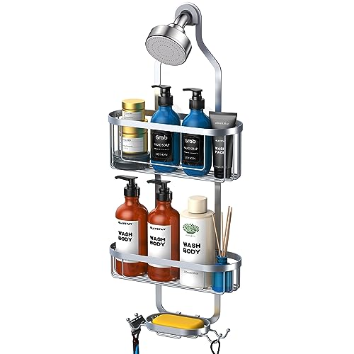 Kadolina Bathroom Hanging Shower Organizer, Over Head Shower Caddy Shower Storage Rack Basket with Hooks for Razor and Sponge Rustproof, Silver [Patented] - color: Silver