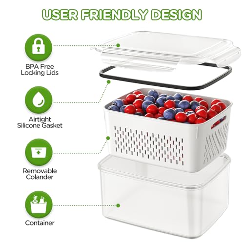 4 PCS Fruit Storage Containers for Fridge, Produce Containers for Fridge with Removable Colander, All-In-One Fruit Washing Bowl with Strainer Microwave/Dishwasher Safe for Salad Berry Lettuce Keeper - color: 4 PACK