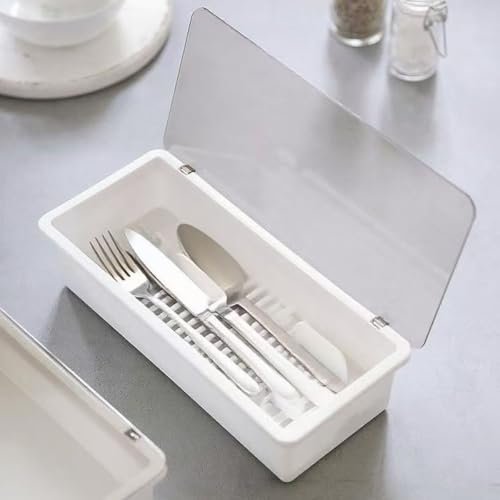 White Flatware Tray Kitchen Drawer Organizer With Lid And Drainer - Plastic Kitchen Cutlery Tray and Utensil Storage Container with Cover - 11.0 Inch Silverware Holder Drawer Organizer - color: White