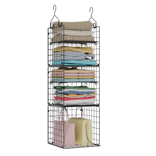 X-cosrack Hanging Closet Organizer and Storage - 5-Tier Closet Storage Organizer Baskets for Clothes & Adjustable Collapsible Metal Closet Hanging Organizer Shelves for Sweaters Shoes Handbags - color: Black, size: Small