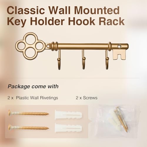 Classic Wall Mounted Key Holder Hook Rack, Vintage Key Rack for Entryway (Gold) - color: Gold