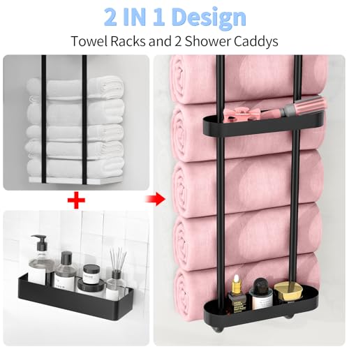 STWWO Bathroom Towel Storage, 36.4 Inch Towel Racks for Bathroom Wall Mounted with Shower Caddy with Metal Shelf, Black - color: Black, size: 36.4 IN