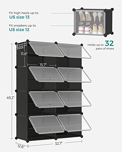 SONGMICS Shoe Rack Organizer, 8-Tier Shoe Storage Cabinet for Closet and Entryway, Holds 32 Pairs of Shoes, Adjustable, Ink Black and Trasparent ULPC034B01 - color: Ink Black + Trasparent, size: 8 Cubes