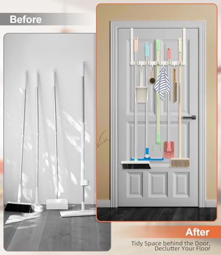 Broom Holder Over The Door Drilling Free Mop and Broom Holder with 4 Over Door Hook, Metal Mop and broom hanger Wall Mount Broom Storage Tool Organizer for Laundry Room Garage Bathroom - white - color: white