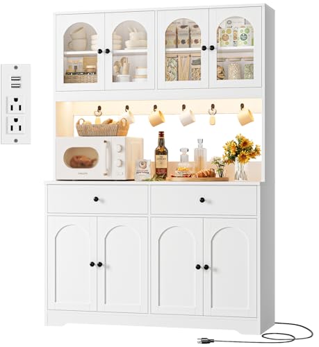 HIFIT 71" LED Kitchen Pantry Cabinet with Power Outlet, Large Kitchen Hutch Storage Cabinet with Arched Door & Shelves & 2 Drawers, Tall Modern Coffee Bar with Hutch for Home Dining Living Room, White - color: White