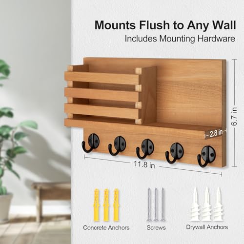 Lwenki Key Holder for Wall – Decorative Wooden Mail Holder and Key Shelf with Mounting Hardware, Installation Guide – Paulownia Wood with Metal Key Hooks (Light Brown, Large - 11.8inch) - color: Light Brown, size: Large - 11.8inch