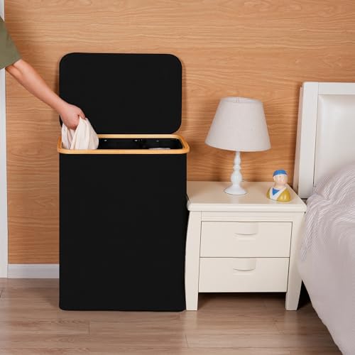 efluky Laundry Hamper with Lid, Trio Laundry Hamper with 3 Removable Bags, 3 Section Laundry Basket with Bamboo Handles for Bathroom, Bedroom & Laundry Room, 160L Black - color: Black, size: 160L Trio