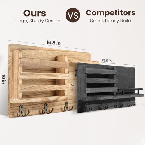 Nekon Mail Holder for Wall Mail Organizer with Key Hooks Hallway Farmhouse Decor Storage Racks with Floating Shelf and Flush Mount Hardware (16.8Inch x 10Inch x 3.2Inch) (Wood) - color: Wood