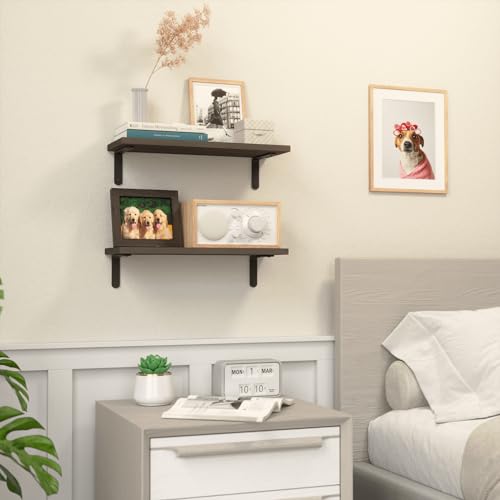 RICHER HOUSE Floating Shelves for Décor, Rustic Wood Wall Shelves for Bedroom Set of 2, Farmhouse Shelf for Bathroom, Hanging Shelves for Storage, Wall Mounted - Deep Brown - color: Deep Brown, size: 2 Pcs:16.54in