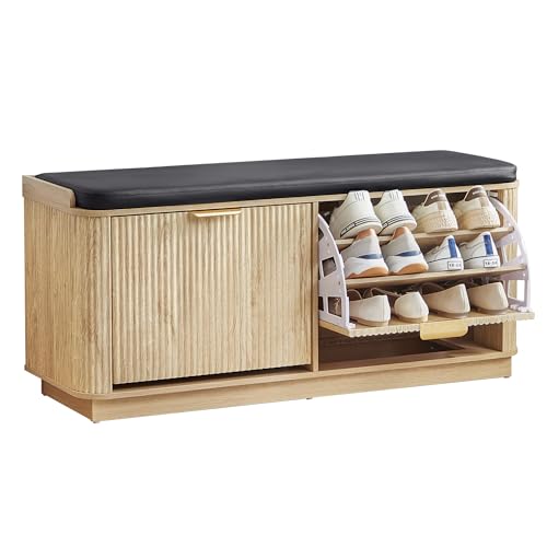 Fluted 3-Tier Entryway Shoe Bench with Drawers and Adjustable Shelves, 43.3'' Wide Shoe Storage Bench with Cushion Seat for Entrance, Hallway, Living Room, End of Bed - Natural - size: Drawer-natural