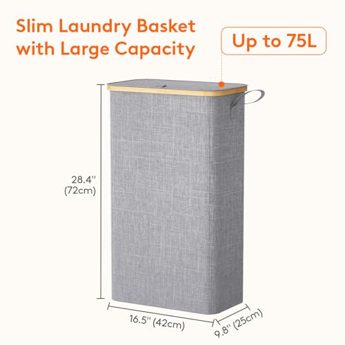 Lifewit 75L Slim Laundry Hamper with Lid, Narrow Laundry Basket with Removable Bag & Bamboo Handles, Fodable Thin Dirty Clothes Hamper for Laundry Collapsible Bin for Bathroom Bedroom Dorm, Gray - color: Gray, size: 75L