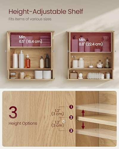 VASAGLE Bathroom Cabinet with Mirror, Wall Cabinet with 2 Mirrored Doors, Adjustable Shelf, Open Compartment, Wall-Mounted, 5.1 x 22.2 x 23 Inches, Natural Oak ULHC003Y01 - color: Natural Oak, size: 5.1"D x 22.2"W x 23"H