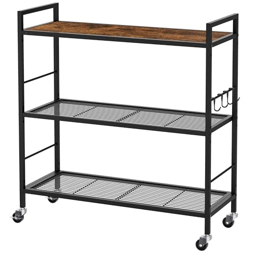 3-Tier Metal Storage Rack with Industrial Wheels,Mesh Shelving Unit with Wooden Table top,Adjustable Shelf,31.5-Inch Width, for Kitchen, Laundry,Pantry,Plant,Black - color: Brown Panel, size: 3 Tier (31.5"W x 11.8"D)