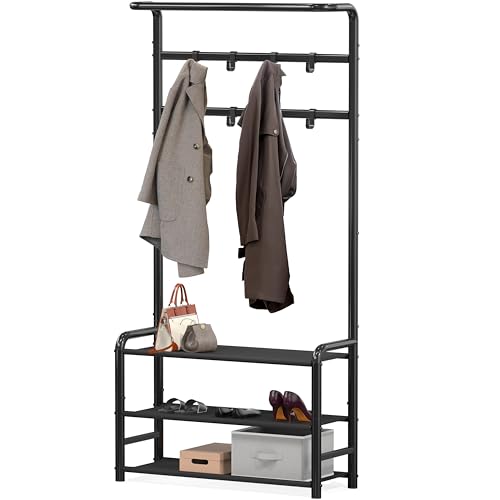 Simple Houseware Coat Rack with Storage Shelf, Freestanding Hall Tree with Hooks for Entryway, Bedroom, Office, Black Metal Clothes Hanger Stand for Coats, Hats, Jackets, Bags - Black - color: Black