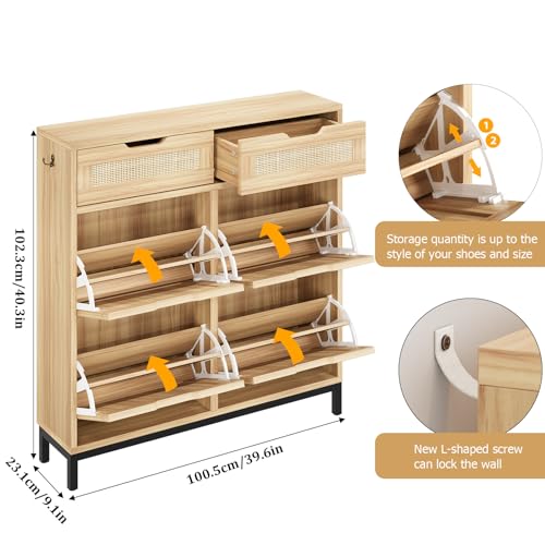 Jocoevol Rattan Shoe Cabinet for Entryway with 4 Flip Drawers and 2 Drawers, Narrow Freestanding Shoe Storage Cabinet with Metal Legs for Entryway/Hallway/Foyer (Natural) - color: Natural