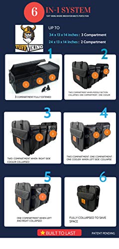 Tuff Viking Convertible Large 3 Compartment SUV Trunk Organizer with Cover | Truck Bed Organizer | for Trucks, Cars, SUVs and Groceries with Tie Down Straps. (6 in 1 with Cover, Black) - color: Black, size: 6-in-1 with Cover