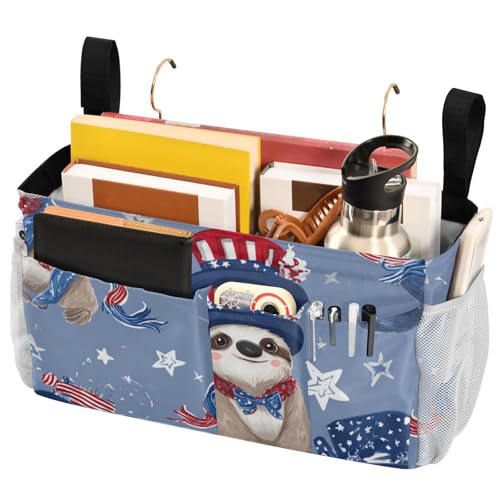 Bedside Caddy Metal Frame Hanging Organizer Bunk Bed Dorm Accessories Hook And Loop Storage Bag Large Pockets American Spirit 4th July Sloths Blue - color: American Spirit 4th July Sloths Blue