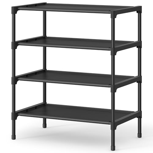 SONGMICS Shoe Rack, 4-Tier Shoe Storage Organizer, Space-Saving, 11.7 x 16.5 x 26 Inches, Entryway, Metal Frame, Non-Woven Fabric Shelves, Ink Black ULSH014BH01 - color: Ink Black, size: 4 Tiers (16.5"W)