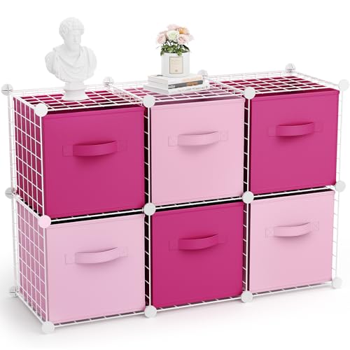 Leinuosen 6 Cube Storage Organizer with 6 Foldable Fabric Storage Bins, Metal Wire Grid Shelves, Stackable Modular Closet Organizer for Bedroom Living Room Office Toys Books(White,Pink) - color: White,Pink