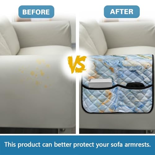 Blue Gold Marble Print Couch Arm Covers with 2 Side Storage Pockets, Anti-Slip Armrest Cover for Sofa, Chair, Loveseat, Recliner Arm Covers - color: Blue Gold Marble