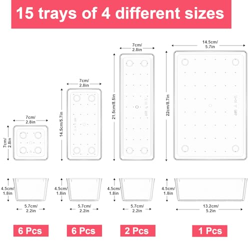 15 Piece Clear Plastic Drawer Organizers Set - 4 Sizes Bathroom & Dresser Storage Bins, Stackable Kitchen Desk Organizer Trays for Makeup, Jewelry, Utensils, Junk, Gadgets