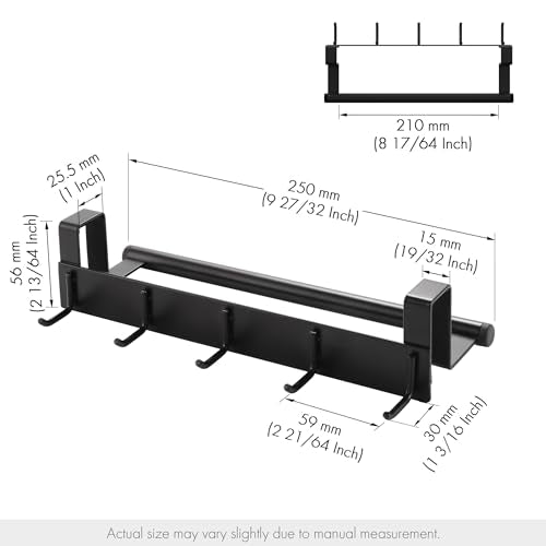 KES Over The Cabinet Door Towel Bar with Hooks, Kitchen Towel Holder with Hooks for Hanging Utensils, Over The Cabinet Door Organizer with Hook 2 Pack, Matte Black, Metal, KUR527-BK-P2