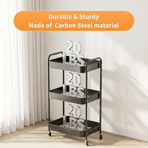 JAQ Makeup Carts, 3-Tier Metal Rolling Utility Storage Organizer Cart Shelf with Wheels for Craft Office Supplies Diapper Snack in Bathroom Kitchen Laundry Classroom Dorm -(3-Tier,Black - color: Black/3-tier, size: Need Assembly