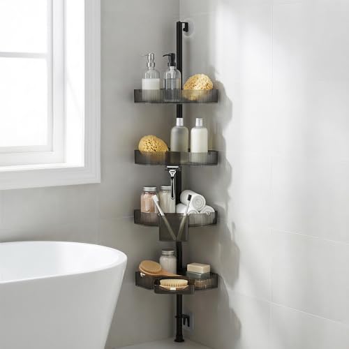 Corner Shower Caddy, Extendable Rustproof Shower Organizer Adjustable 4-Tier Bathroom Shelves Anti-Tipping Bathtub Shampoo Storage Floor Standing Bath Rack Shower Shelf with Soap Dish
