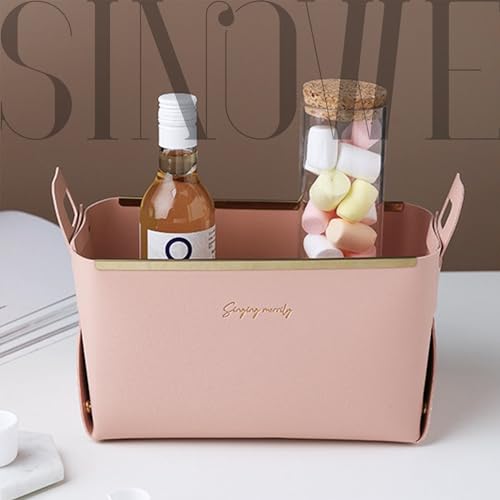 Decorative Faux Leather Basket,Small Catchall Basket for Entryway Bedside Dresser End table,Collapsible Rectangle Tray Organizer Box (Pink) - color: Pink