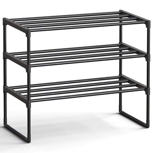 SONGMICS Shoe Rack, 3-Tier Shoe Organizer, Metal Storage Shelf, Upright or Upside Down, for 8-12 Pairs, Stackable, for Entryway, 11.8 x 26.8 x 21.7 Inches, Black ULSA203B01 - color: Black, size: 3 Tiers (26.8"W)