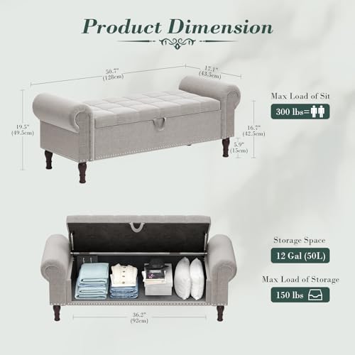 Apicizon 51” Bench with Storage, Upholstered Tufted Button Bedroom Bench with Storage, Linen Ottoman Bench for Bedroom, Living Room, Entryway, Light Gray - color: Light Gray, size: 51 Inches
