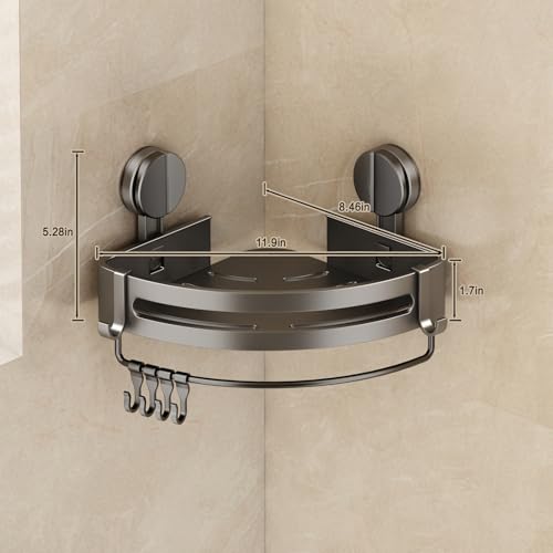 VOLPONE Shower Caddy Suction Cup, Corner Shower Shelves No Drilling, Showers Organizer Storage with Towel Bar & Removable Hooks, Bathroom Shower Shelf Rack for Inside Showers, Triangle - style: Triangle 1 Tier