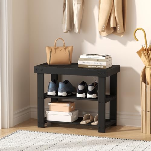 Sweetcrispy Shoe Rack Bench, 3-Tier Bamboo Entryway Storage Organizer, 286lb Capacity, Shoes Stand for FrontDoor Entrance, Bedroom, Living Room, Bathroom, Balcony, 19 Inches Length, Black - color: Black, size: 19 inches WIdth