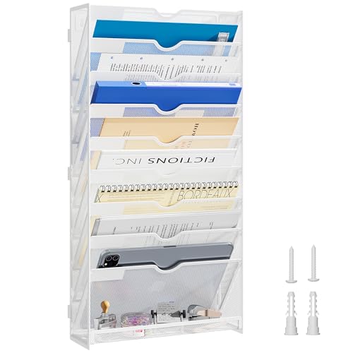 10-Tier Wall Mounted File Organizer, Metal Mesh Paper Holder (White) - color: White