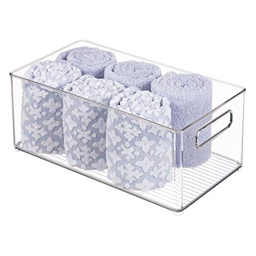 mDesign Plastic Bathroom Storage Container Bins w/ Handles - Closet, Cabinet, Vanity, Cupboard Shelf Organization, Hair Tools Accessory Organizer - Ligne Collection; Clear, 14.6x8.1x6 (Pack of 4) - size: 14.6 x 8.1 x 6 (Pack of 4)