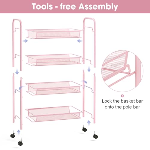 TOOLF 4 Tier Rolling Utility Cart - Durable Metal Design Pink Utility Cart, Storage Trolley on Wheels with 3 Hooks, Perfect for Kitchen, Bathroom & Laundry Room Organization - color: Pink, size: 4-Tier