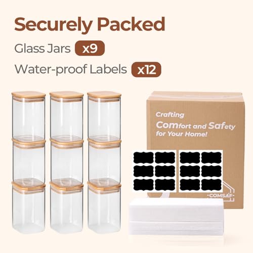 ComSaf 1.2 Qt Glass Storage Containers with Lids, Glass Jars with Lids, Clear Food Storage Jar, Square Canister Set of 9, Pantry Organizers and Storage for Cookie Flour Oat Pasta Tea Coffee Bean - size: 1.2Qt*9