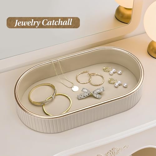 GORESE PU Leather Perfume Tray Nightstand Organizer, Small Oval Desk Tray Jewelry Trinket Trays Valet Organizer Key Bowl for Entryway Dresser Bathroom, Catchall Trays for Men Women, 11×5.9 in, Beige - color: Beige